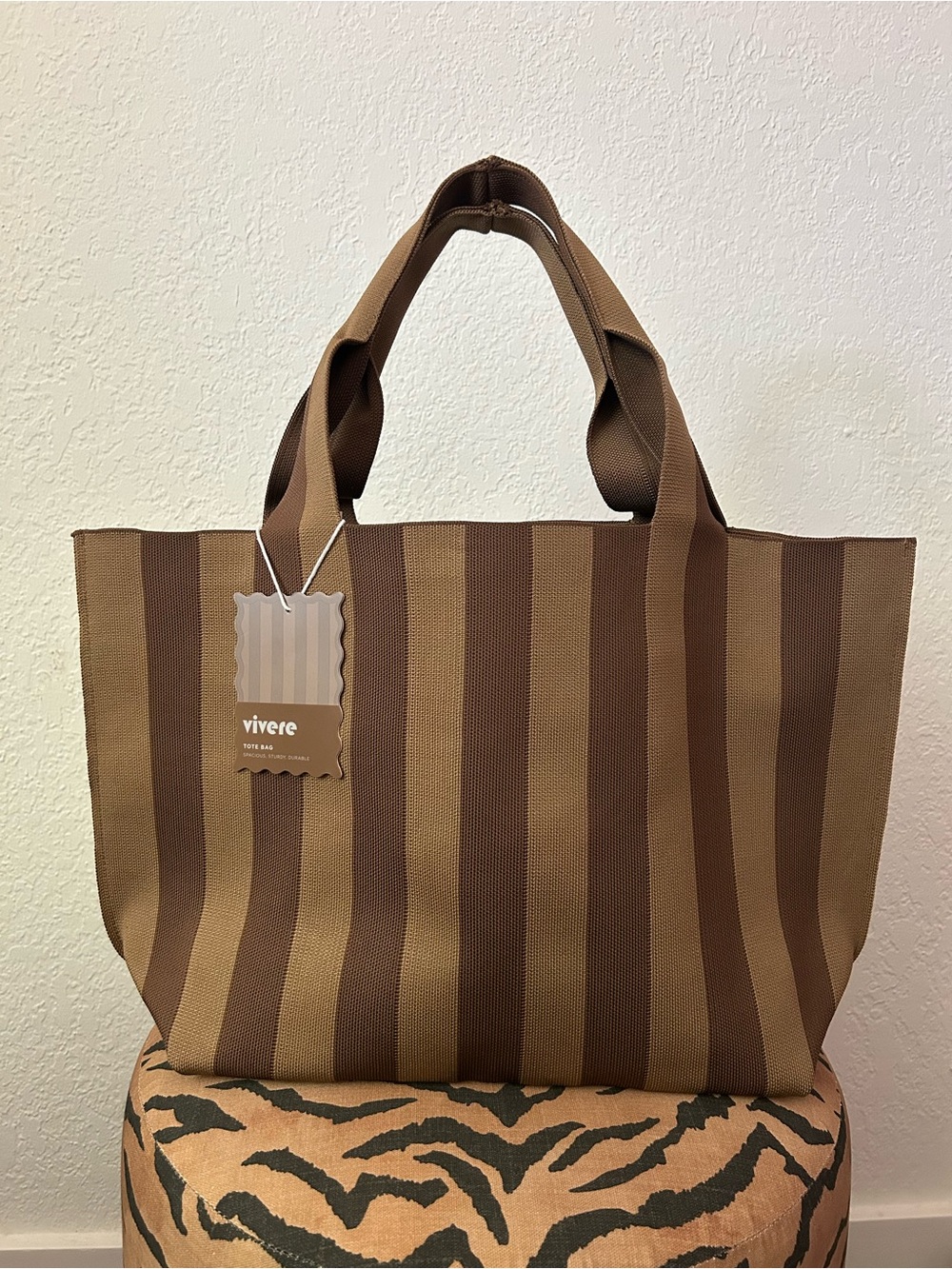NEW Vivere Brown Striped Canvas Tote Bag